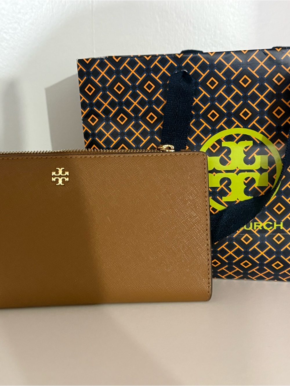 Tory Burch Brown Leather Zip Wristlet with Gold Logo